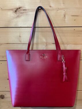 Kate Spade New York Red Leather Double Handles Zipper Closure Tote Shoulder Bag